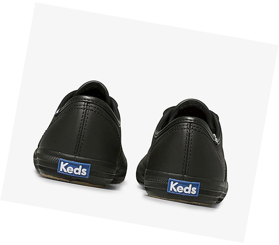 Keds Official Site Champion Pelle Scarpe Stringate Donna Nere | EIWHN-4719