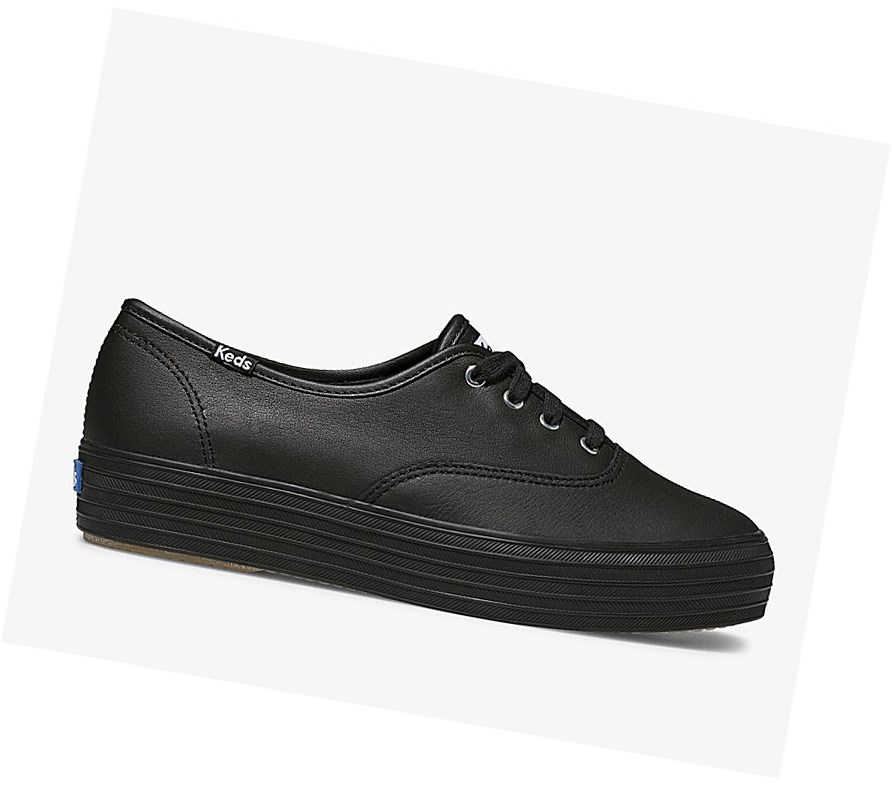 Keds Triple Pelle Scarpe Stringate Donna Nere | SMYDZ-5160
