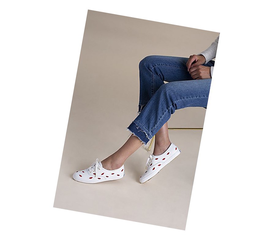 Keds x kate spade new york Champion Pelle Embroidered Lips Scarpe Stringate Donna Colorate Bianche | FPZAW-9376