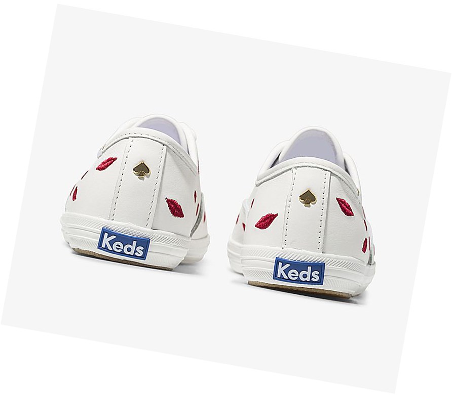 Keds x kate spade new york Champion Pelle Embroidered Lips Scarpe Stringate Donna Colorate Bianche | FPZAW-9376
